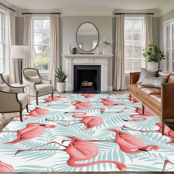 6x9 Area Rugs for Living Room, Pink Flamingo Non Slip Area Rugs for Kitchen Bedroom Entryway, Blue Summer Tropical Plants Leaves Washable Carpet Runner Rug Floor Mats for Bedroom Home Decor