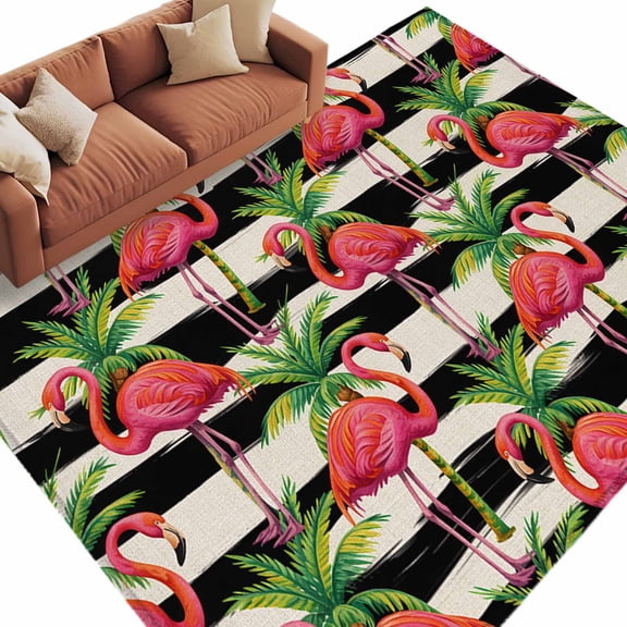 6x9 Area Rugs for Living Room, Pink Flamingo Non Slip Area Rugs for Kitchen Bedroom Entryway, Palm Leaf Black Striped Tropical Plant Washable Carpet Runner Rug Floor Mats for Bedroom Home Decor