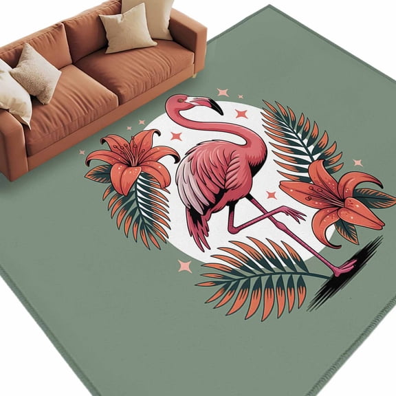 6x9 Area Rugs for Living Room, Pink Flamingos Non Slip Area Rugs for Kitchen Bedroom Entryway, Summer Palm Flower Leaf Sage Green Washable Carpet Runner Rug Floor Mats for Bedroom Home Decor
