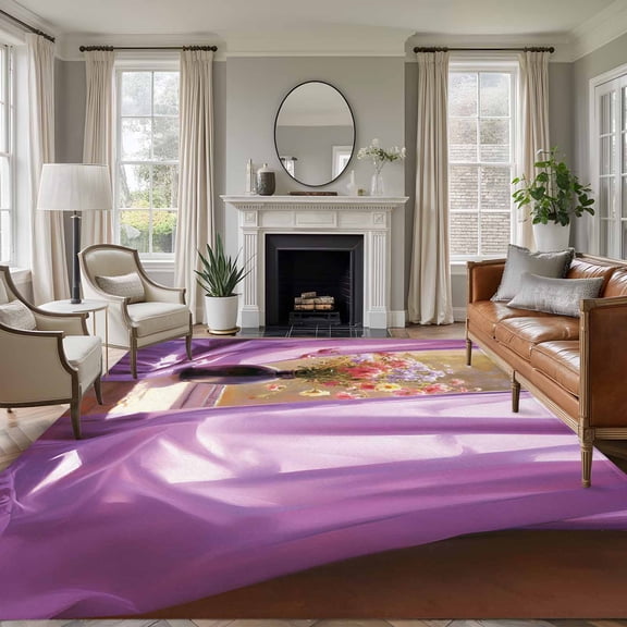 6x9 Area Rugs for Living Room, Purple Spring Flowers Non Slip Area Rugs for Kitchen Bedroom Entryway, Modern Abstract Chic Oil Painting Washable Carpet Runner Rug Floor Mats for Bedroom Home Decor