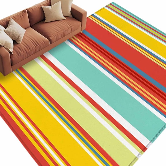 6x9 Area Rugs for Living Room, Red Aqua Stripe Non Slip Area Rugs for Kitchen Bedroom Entryway, Country Abstract Art Colorful Striped Washable Carpet Runner Rug Floor Mats for Bedroom Home Decor