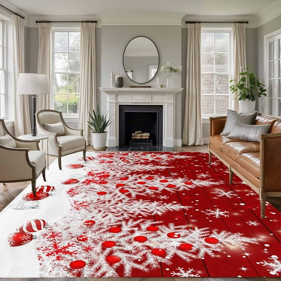 6x9 Area Rugs for Living Room, Red Christmas Non Slip Area Rugs for Kitchen Bedroom Entryway, Snowflake Xmas Tree Ball Wooden Winter Washable Carpet Runner Rug Floor Mats for Bedroom Home Decor