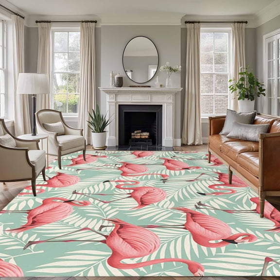 6x9 Area Rugs for Living Room, Red Flamingo Non Slip Area Rugs for Kitchen Bedroom Entryway, Summer Tropical Plants Leaves Botanical Green Washable Carpet Runner Rug Floor Mats for Bedroom