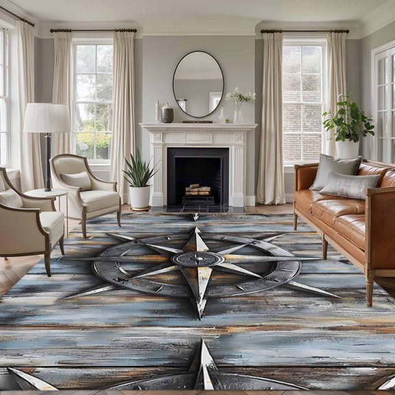 6x9 Area Rugs for Living Room, Retro Compass Coastal Non Slip Area Rugs for Kitchen Bedroom Entryway, Summer Beach Ocean Nautical Washable Carpet Runner Rug Floor Mats for Bedroom Home Decor