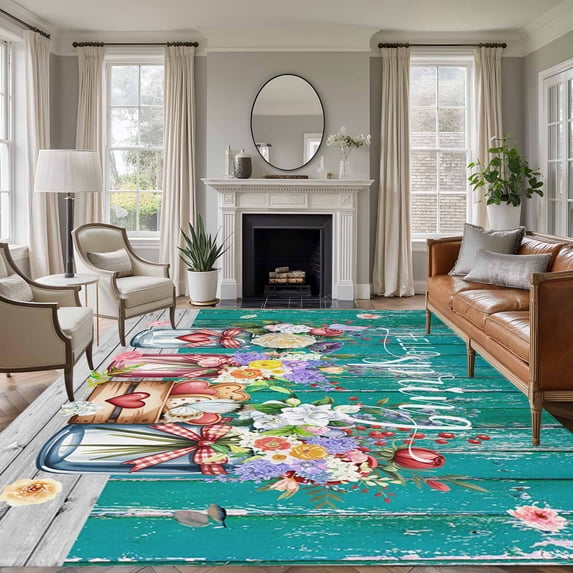 6x9 Area Rugs for Living Room, Spring Flowers Non Slip Area Rugs for Kitchen Bedroom Entryway, Farmhouse Watercolor Teal Wood Grain Washable Carpet Runner Rug Floor Mats for Bedroom Home Decor