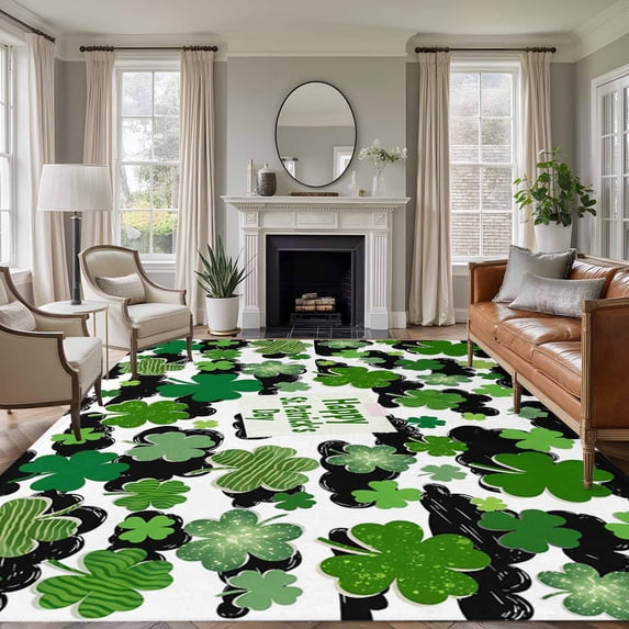 6x9 Area Rugs for Living Room, St. Patrick's Day Non Slip Area Rugs for Kitchen Bedroom Entryway, Green Shamrock Leaves Black Cloud Spring Washable Carpet Runner Rug Floor Mats for Bedroom