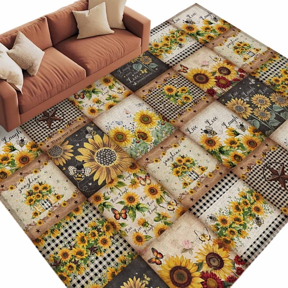 6x9 Area Rugs for Living Room, Sunflowers Non Slip Area Rugs for Kitchen Bedroom Entryway, Farmhouse Vintage Western Texas Star Plaid Washable Carpet Runner Rug Floor Mats for Bedroom Home Decor