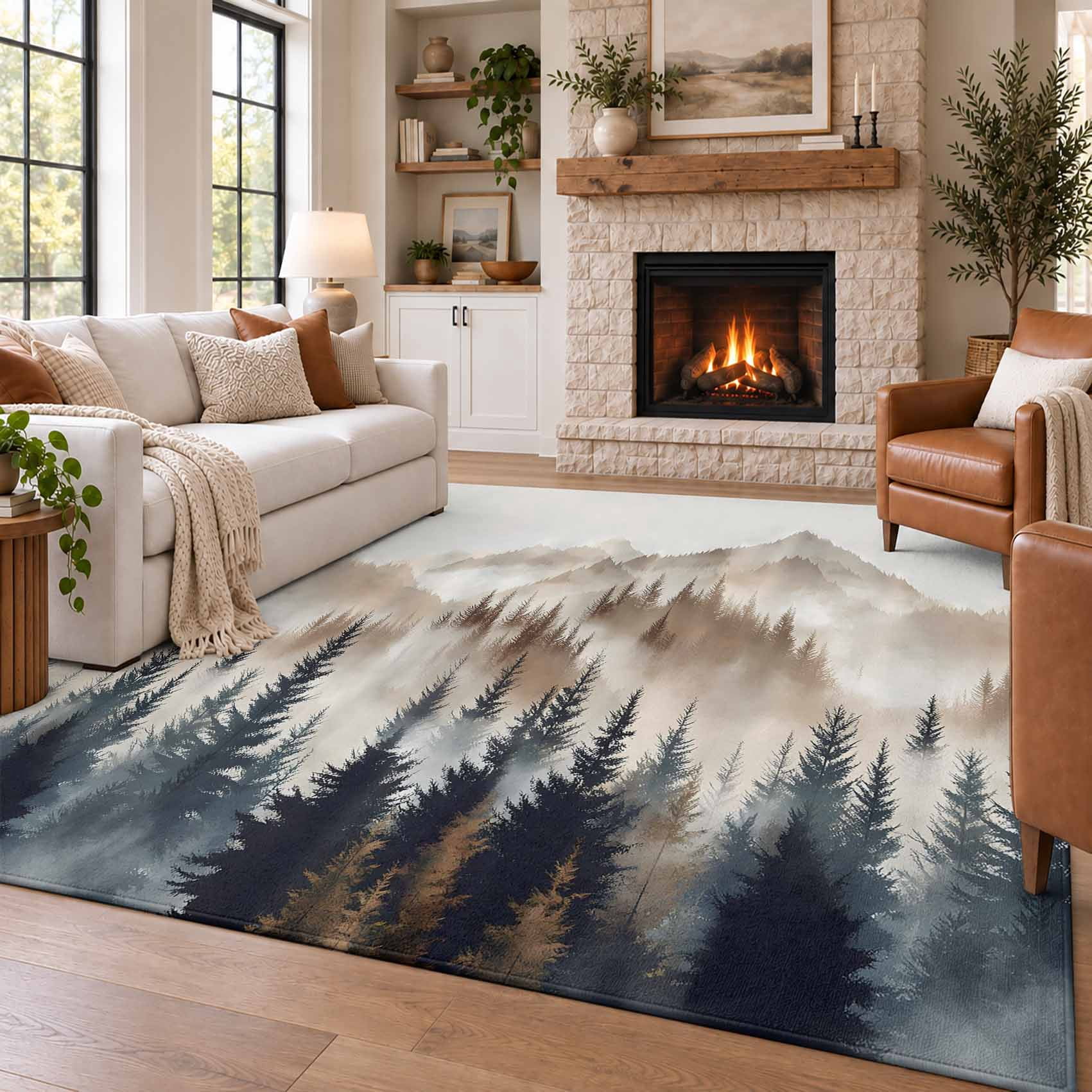 6x9 Area Rugs for Living Room, Tan Trees Forest Washable Rugs Non-Slip ...