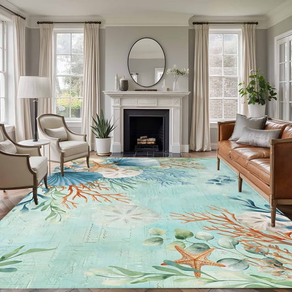 6x9 Area Rugs for Living Room, Teal Beach Coastal Non Slip Area Rugs for Kitchen Bedroom Entryway, Summer Nautical Coral Shell Botanical Washable Carpet Runner Rug Floor Mats for Bedroom Home Decor