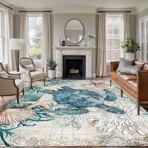 6x9 Area Rugs for Living Room, Teal Sea Turtle Coastal Non Slip Area Rugs for Kitchen Bedroom Entryway, Summer Beach Starfish Nautical Washable Carpet Runner Rug Floor Mats for Bedroom Home Decor