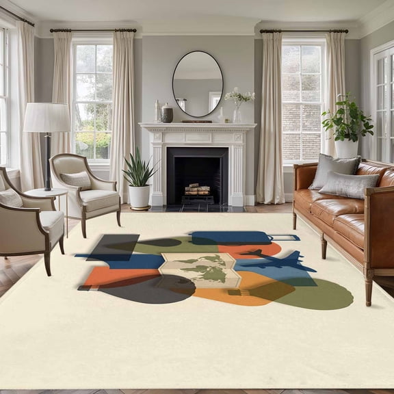 6x9 Area Rugs for Living Room, Travel Adventure Non Slip Area Rugs for Kitchen Bedroom Entryway, Modern Maps Luggage Hot Balloons Washable Carpet Runner Rug Floor Mats for Bedroom Home Decor
