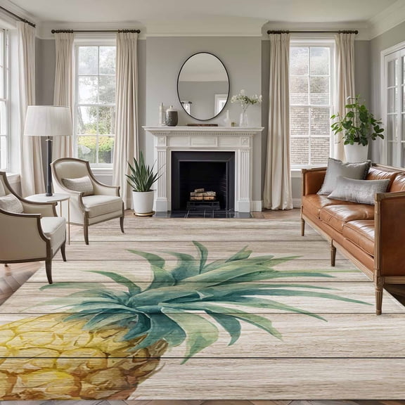 6x9 Area Rugs for Living Room, Vintage Pineapple Non Slip Area Rugs for Kitchen Bedroom Entryway, Summer Botanical Watercolor Wooden Washable Carpet Runner Rug Floor Mats for Bedroom Home Decor