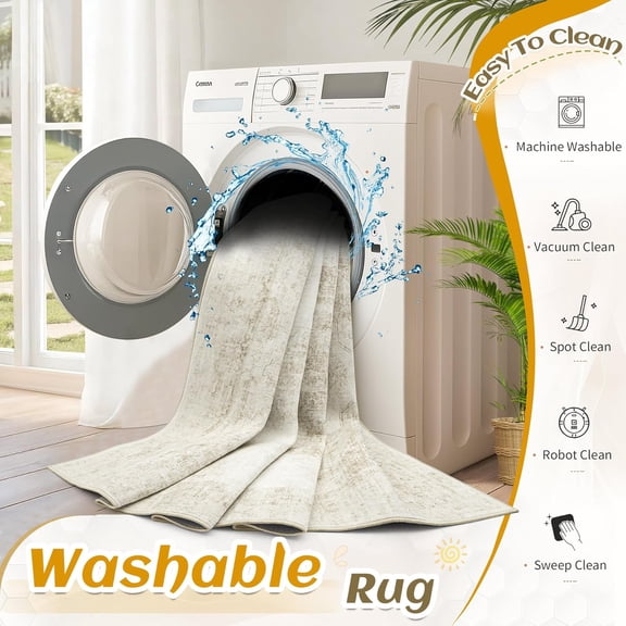 6x9 Area Rugs for Living Room, Washable Vintage Boho Medallion Rug Soft Non Slip Large Area Rug Stain Resistant Indoor Retro Carpet for Bedroom Nursery Kids Dining Room Home Office(Beige, 6'x9')