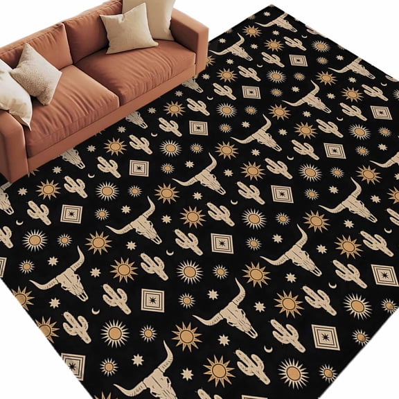 6x9 Area Rugs for Living Room, Western Cowboy Non Slip Area Rugs for Kitchen Bedroom Entryway, Country Cow Head Cactus Sun Vintage Washable Carpet Runner Rug Floor Mats for Bedroom Home Decor