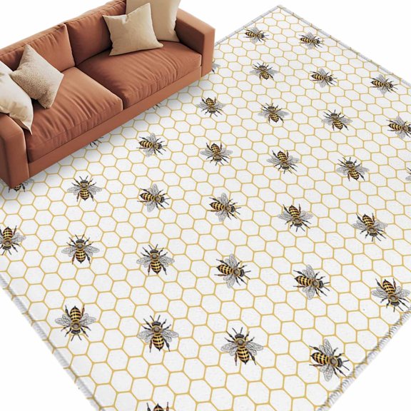6x9 Area Rugs for Living Room, Yellow Bees Non Slip Area Rugs for Kitchen Bedroom Entryway, Honeybee Geometric Hive Simple Pastoral Washable Carpet Runner Rug Floor Mats for Bedroom Home Decor
