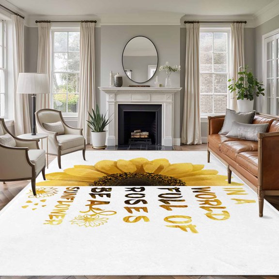 6x9 Area Rugs for Living Room, Yellow Sunflower Non Slip Area Rugs for Kitchen Bedroom Entryway, Floral Rustic White Quotes Washable Carpet Runner Rug Floor Mats for Bedroom Home Decor