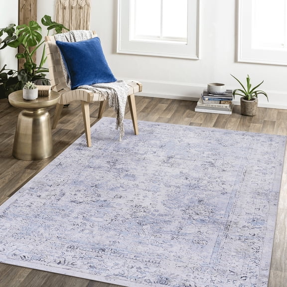 6x9 Area Rugs, Low-pile Washable For Office, Blue Cream Pattern Rug, Non-slip , Style