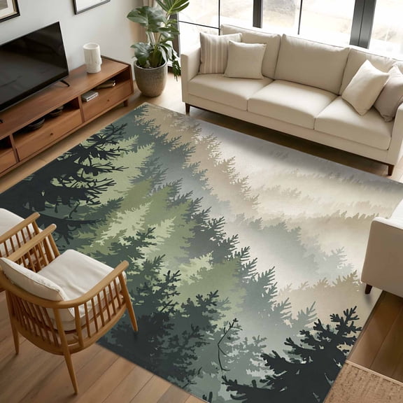 6x9 Area Rugs, Mountains Non-Skid Rubber Backing Large Rectangle Rugs - Living Room Bedroom Home Office, Watercolor Forest Nature Pine Trees Landscape Indoor Floor Mat Carpets Washable Rug