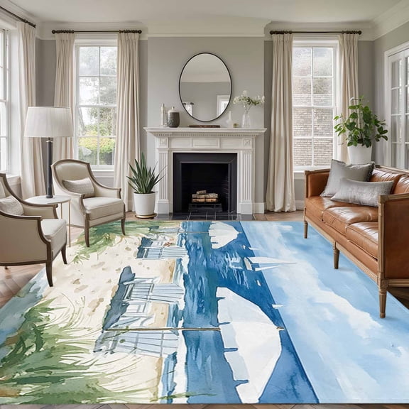 6x9 Area Rugs, Nautical Sea Wave Blue Non-Skid Rubber Backing Large Rectangle Rugs - Living Room Bedroom Home Office, Ocean Coastal Beach Plant Indoor Floor Mat Carpets Washable Rug
