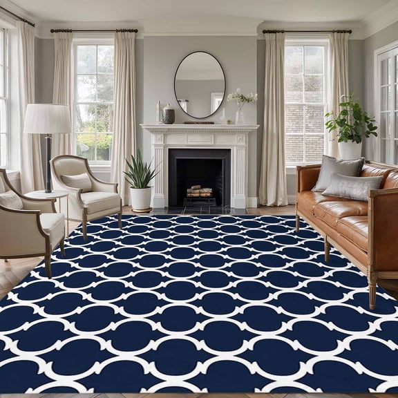 6x9 Area Rugs, Navy Blue Morocco Pattern Non-Skid Rubber Backing Large Rectangle Rugs - Living Room Bedroom Home Office, White Moroccan Geometric Art Indoor Floor Mat Carpets Washable Rug
