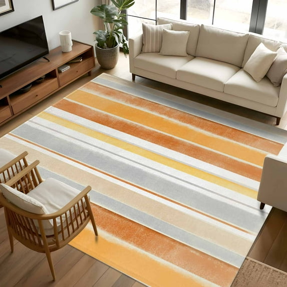 6x9 Area Rugs, Orange Nordic Style Stripes Non-Skid Rubber Backing ...