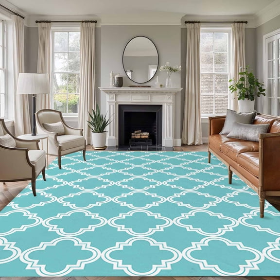 6x9 Area Rugs, Quatrefoil Moroccan Pattern Non-Skid Rubber Backing Large Rectangle Rugs - Living Room Bedroom Home Office, Geometric Aqua Morocco Indoor Floor Mat Carpets Washable Rug