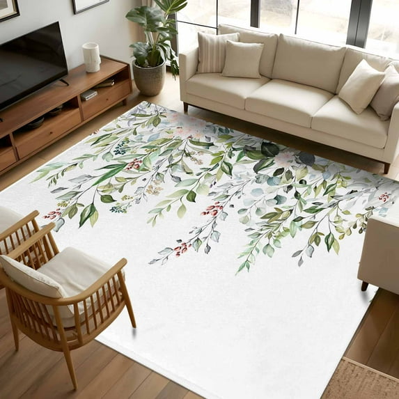 6x9 Area Rugs, Sage Green Eucalyptus Non-Skid Rubber Backing Large Rectangle Rugs - Living Room Bedroom Home Office, Aesthetics Floral Farm Foliage Indoor Floor Mat Carpets Washable Rug