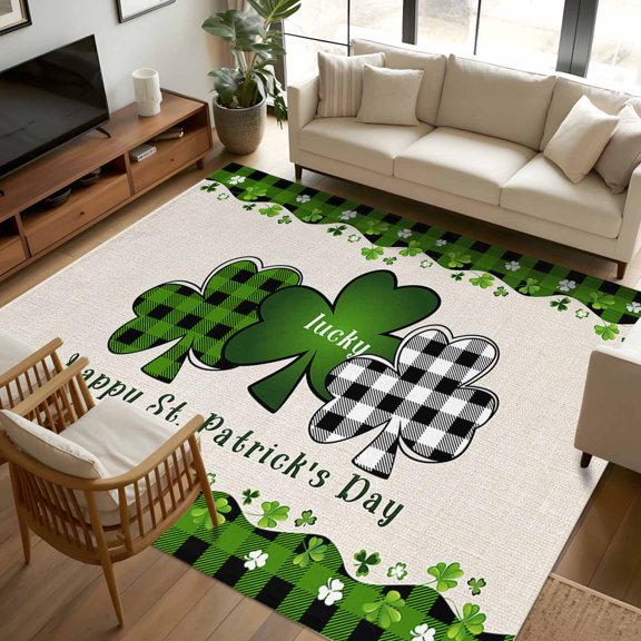 6x9 Area Rugs, St. Patrick's Day Non-Skid Rubber Backing Large Rectangle Rugs - Living Room Bedroom Home Office, Green and Black Checkered Lucky Indoor Floor Mat Carpets Washable Rug