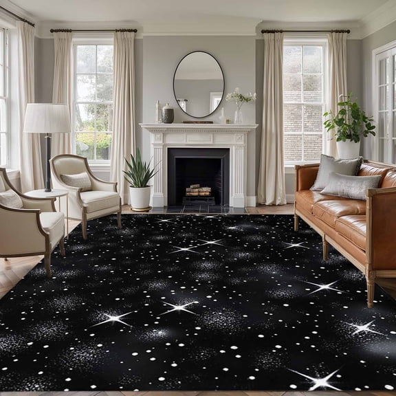 6x9 Area Rugs, Starry Sky Non-Skid Rubber Backing Large Rectangle Rugs - Living Room Bedroom Home Office, Modern Black Abstract Dots Stars Aesthetic Indoor Floor Mat Carpets Washable Rug