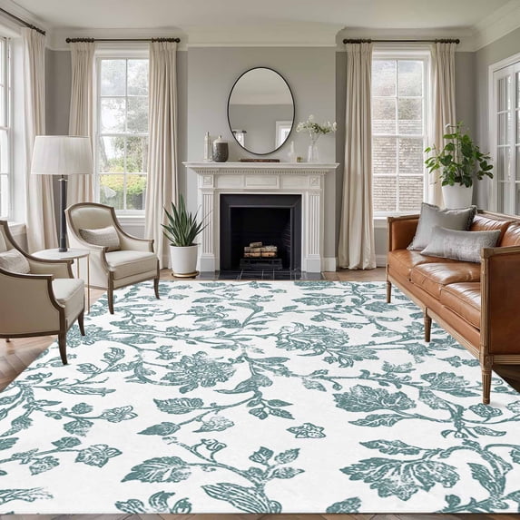 6x9 Area Rugs, Teal Blue Green Non-Skid Rubber Backing Large Rectangle Rugs - Living Room Bedroom Home Office, Vintage Farmhouse Boho Flower Leaf Indoor Floor Mat Carpets Washable Rug