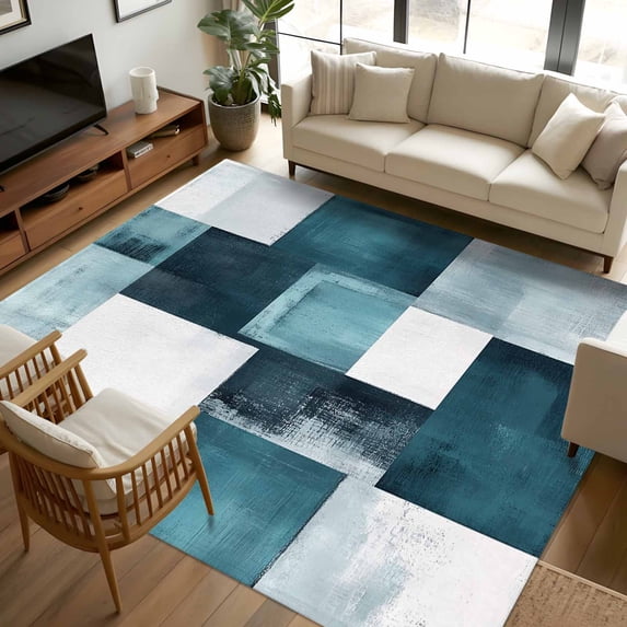 6x9 Area Rugs, Teal Geometric Non-Skid Rubber Backing Large Rectangle ...