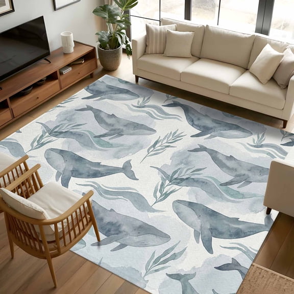 6x9 Area Rugs, Teal Grey Whale Coastal Non-Skid Rubber Backing Large Rectangle Rugs - Living Room Bedroom Home Office, Watercolor Beach Ocean Nautical Indoor Floor Mat Carpets Washable Rug