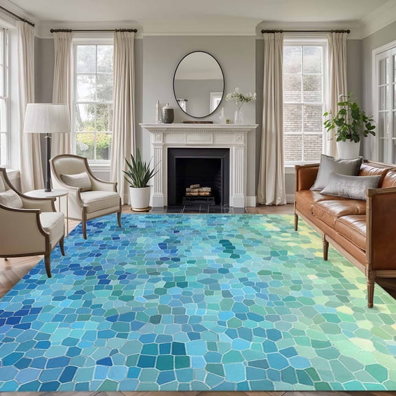 6x9 Area Rugs, Turquoise Blue Teal Non-Skid Rubber Backing Large Rectangle Rugs - Living Room Bedroom Home Office, Chic Stained Glass Texture Aesthetic Indoor Floor Mat Carpets Washable Rug