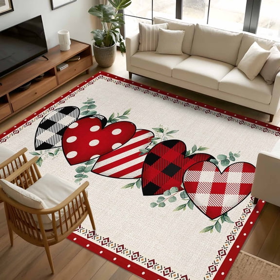6x9 Area Rugs, Valentine's Day, Non-Skid Rubber Backing Large Rectangle Rugs - Living Room Bedroom Home Office, Romantic Love Eucalyptus Boho Plaid Red Pink Indoor Floor Mat Carpets Washable Rug