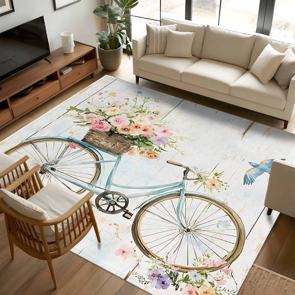 6x9 Area Rugs, Vintage Floral Bicycle Non-Skid Rubber Backing Large Rectangle Rugs - Living Room Bedroom Home Office, Spring Farmhouse Bird Wood Indoor Floor Mat Carpets Washable Rug