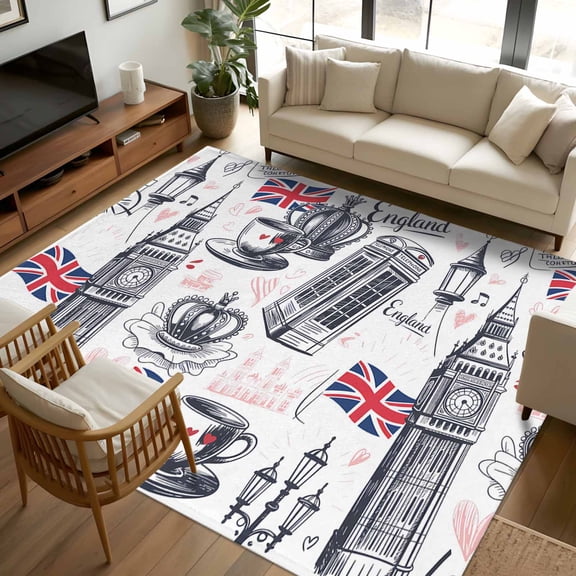 6x9 Area Rugs, Vintage London Non-Skid Rubber Backing Large Rectangle Rugs - Living Room Bedroom Home Office, Farmhouse Coffee Country Indoor Floor Mat Carpets Washable Rug
