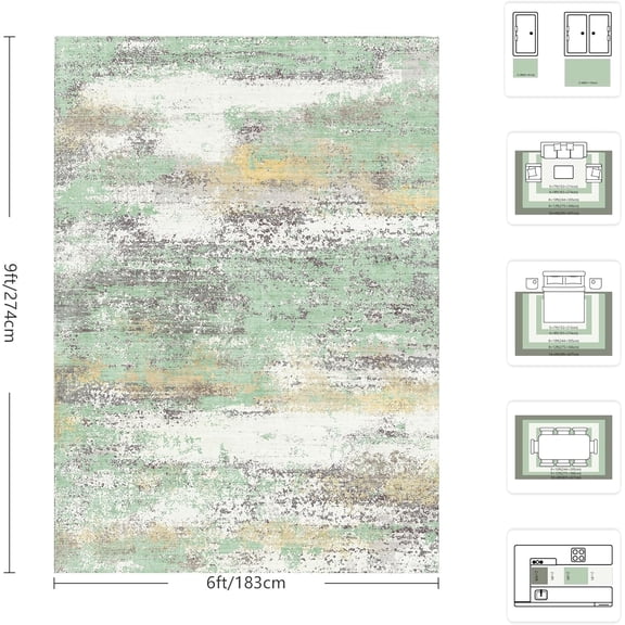 6x9 Area Rugs, Washable Abstract Modern Light Green Rug, Ultra Soft Non Slip Low Pile Floor Carpet for Bedroom Dining Room Home Office(Light Green/Cream)