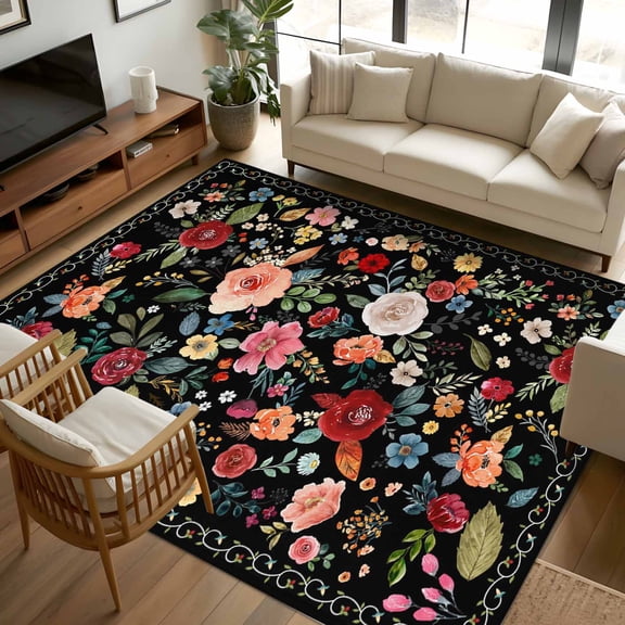 6x9 Area Rugs, Watercolor Flowers Non-Skid Rubber Backing Large Rectangle Rugs - Living Room Bedroom Home Office, Farmhouse Floral Vintage Black Indoor Floor Mat Carpets Washable Rug