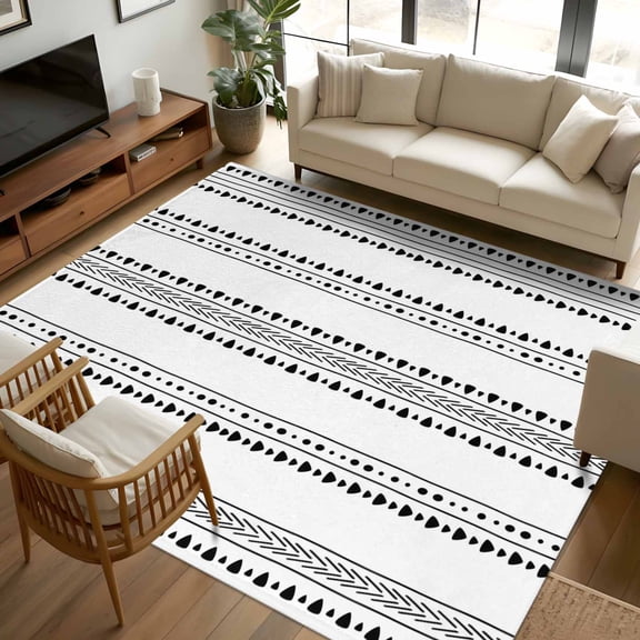 6x9 Area Rugs, White Boho Geometric Non-Skid Rubber Backing Large Rectangle Rugs - Living Room Bedroom Home Office, Abstract Art Dots Striped Indoor Floor Mat Carpets Washable Rug