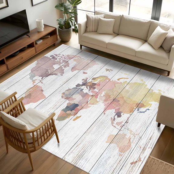6x9 Area Rugs, World Map Non-Skid Rubber Backing Large Rectangle Rugs - Living Room Bedroom Home Office, Farmhouse Abstract Illustration Wooden Grain Indoor Floor Mat Carpets Washable Rug