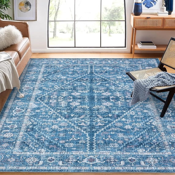 6x9 Area Rugs for Living Room Machine Washable Vintage Oriental Rugs Low Pile Non-Slip Stain Resistant Non-Shedding Office Carpet (Blue)