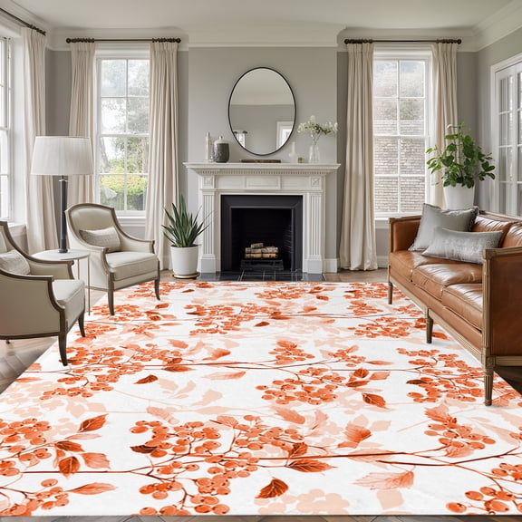 6x9 Berry Leaves Large Area Rug for Living Room, Washable Non Slip Low Pile Soft Large Rug for Bedroom Dining Room, Orange Open Floor Rug