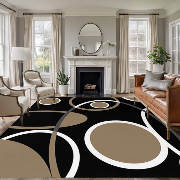 6x9 Black Brown Circle Large Area Rug for Living Room, Washable Non Slip Low Pile Soft Large Rug for Bedroom Dining Room, Geometri Stripe Abstract Art Open Floor Rug
