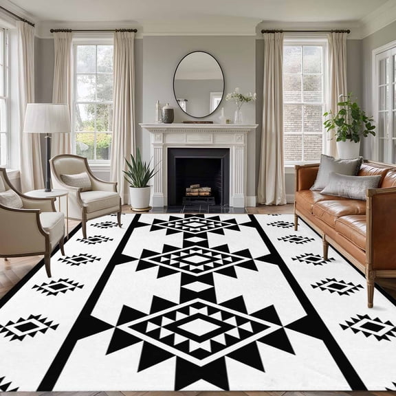 6x9 Black White Aztec Large Area Rug for Living Room, Washable Non Slip Low Pile Soft Large Rug for Bedroom Dining Room, Western Tribal Pattern Open Floor Rug