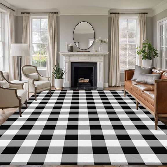 6x9 Black White Plaid Large Area Rug for Living Room, Washable Non Slip Low Pile Soft Large Rug for Bedroom Dining Room, Buffalo Check Geometric Checker Pattern Open Floor Rug