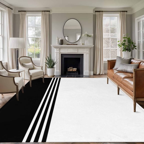 6x9 Black White Stripes Large Area Rug for Living Room, Washable Non Slip Low Pile Soft Large Rug for Bedroom Dining Room, Minimalist Open Floor Rug