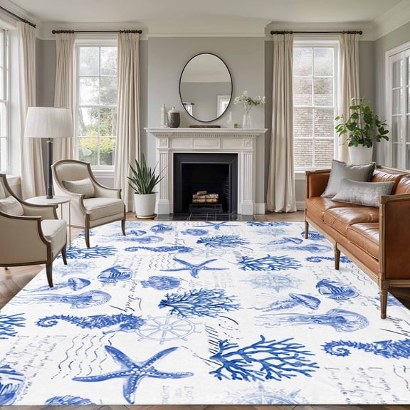 6x9 Blue Jellyfish Large Area Rug for Living Room, Washable Non Slip Low Pile Soft Large Rug for Bedroom Dining Room, Coral Starfish Seahorse Open Floor Rug