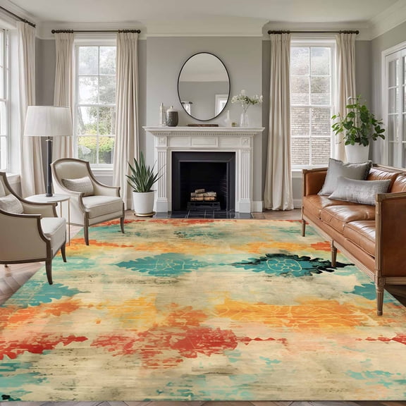 6x9 Bohemian Style Large Area Rug for Living Room, Washable Non Slip Low Pile Soft Large Rug for Bedroom Dining Room, Watercolor Art Open Floor Rug