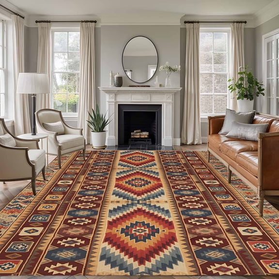 6x9 Brown Boho Geometric Large Area Rug for Living Room, Washable Non Slip Low Pile Soft Large Rug for Bedroom Dining Room, Southwest Ethnic Style Open Floor Rug