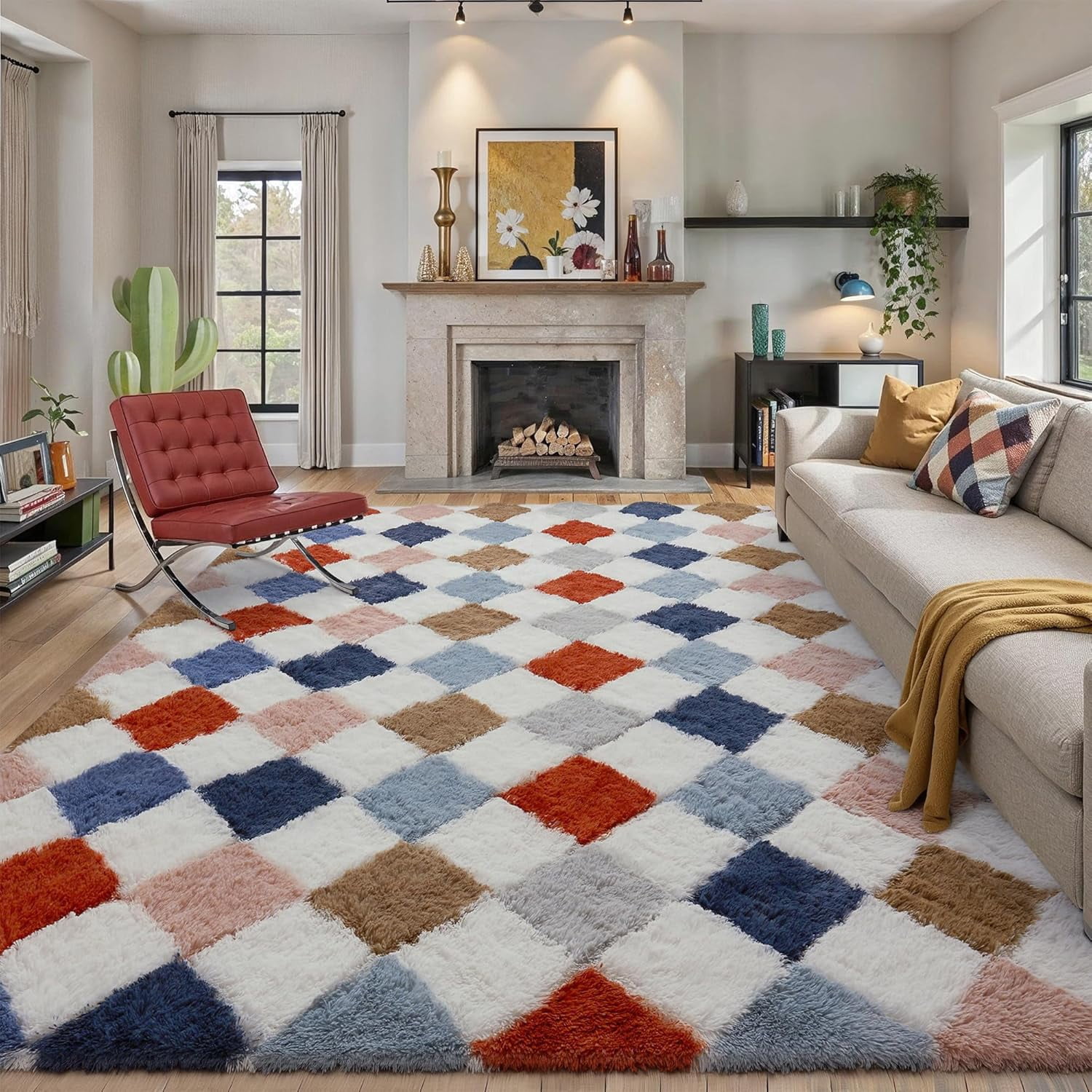 6x9 Checkered Shag Rug, Colorful Modern Fluffy Washable Carpet, Non ...